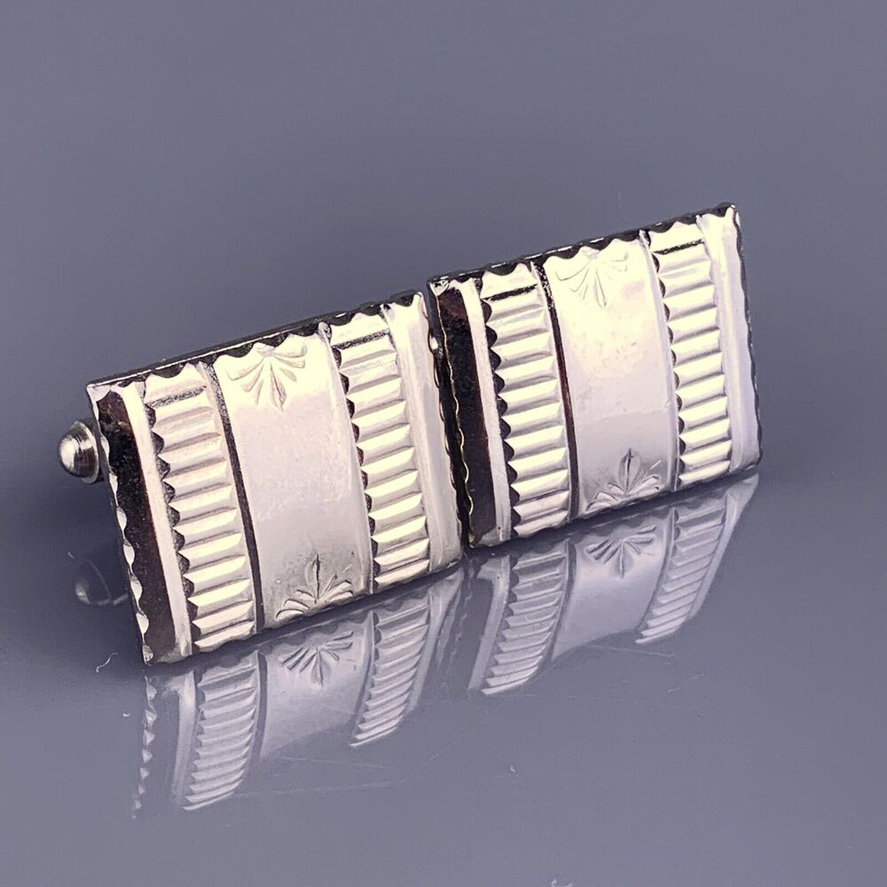 Decorative Fans Lines Cufflinks Silver Tone Stamped Art Deco Rectangle Vintage